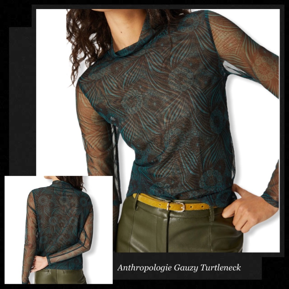 Anthropologie Teal Sheer Gauzy Turtleneck Top